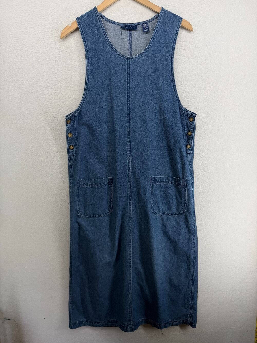 KAREN SCOTT Dress M Denim Apron Lagenlook Jumper 90s Overall Cotton Blue VTG